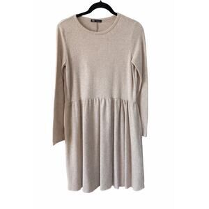 Zara Medium Beige Marl Knit Babydoll Mini Dress Long Sleeve Boho Quiet Luxury